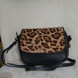 J Crew Black Leather Leopard Calf Hair Signet Flap Crossbody Shoulder Bag